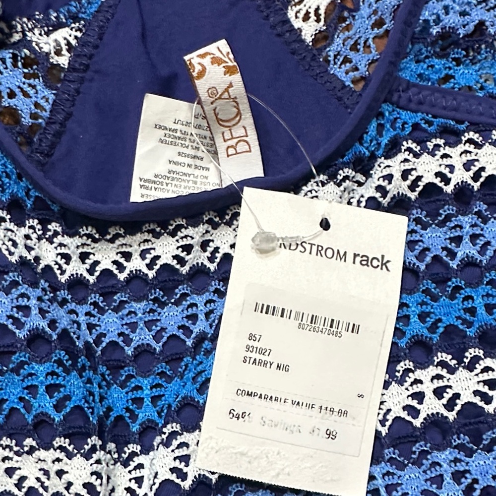 BECCA Vibrant Blue and Cream Crochet One Piece Swimsuit - Picture 3 of 3